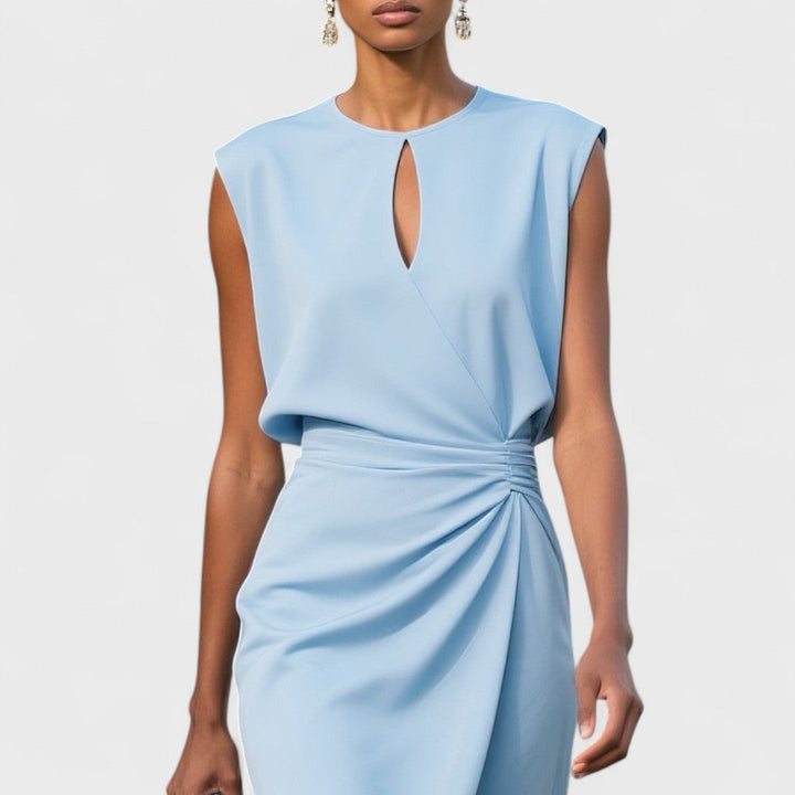 Women's Midi Dress – Elegant Draped Keyhole Neck Cocktail Wedding Guest Dress