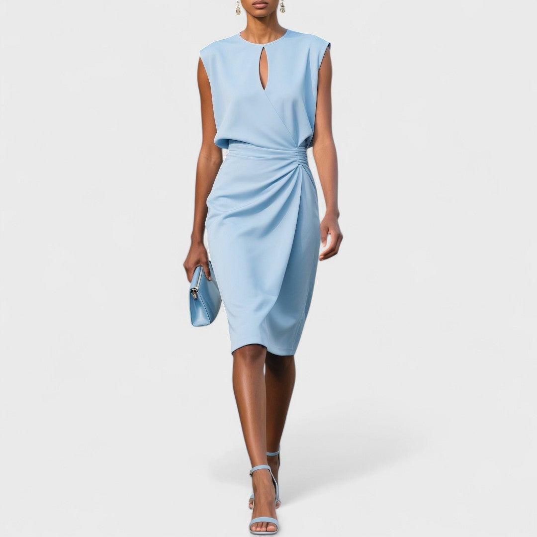 Women's Midi Dress – Elegant Draped Keyhole Neck Cocktail Wedding Guest Dress