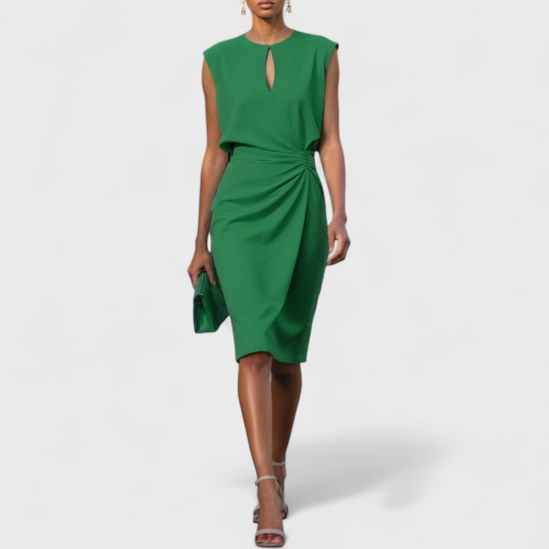 Women's Midi Dress – Elegant Draped Keyhole Neck Cocktail Wedding Guest Dress