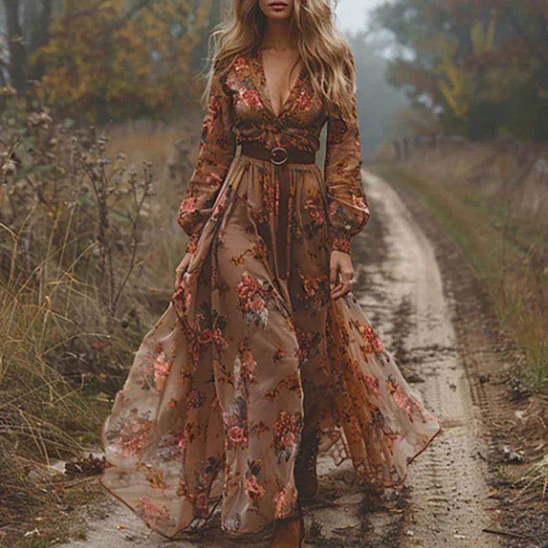 Women's Bohemian Floral Maxi Dress – Flowy Casual Summer Holiday Dress
