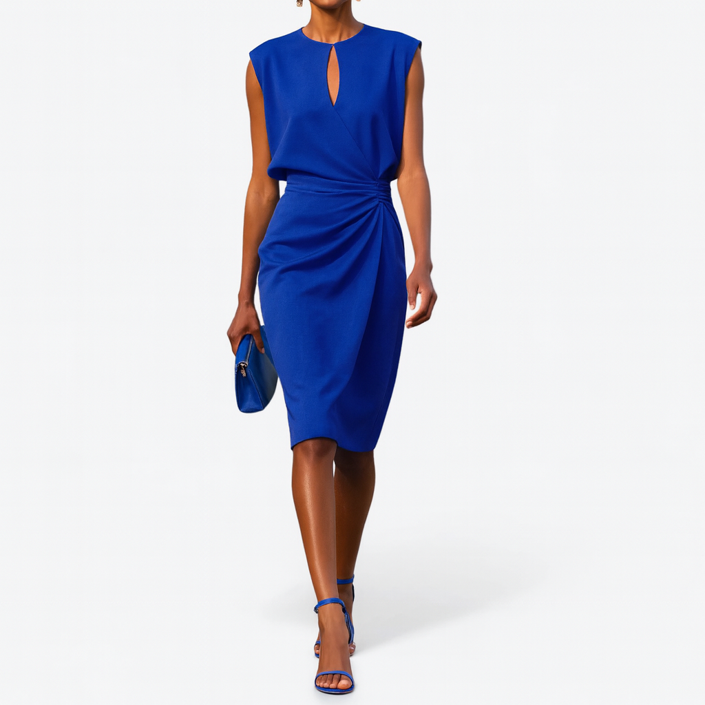 Women's Midi Dress – Elegant Draped Keyhole Neck Cocktail Wedding Guest Dress