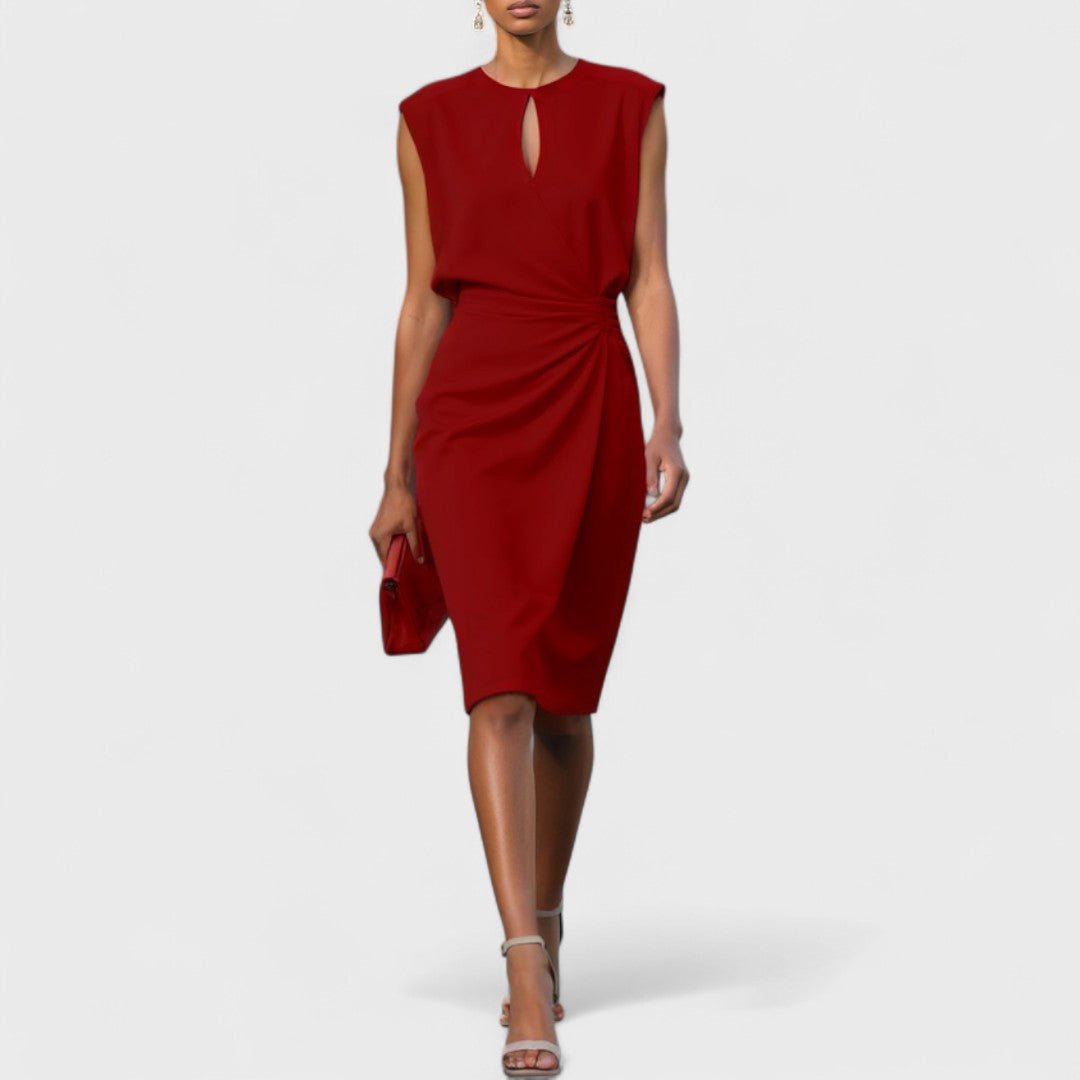 Women's Midi Dress – Elegant Draped Keyhole Neck Cocktail Wedding Guest Dress