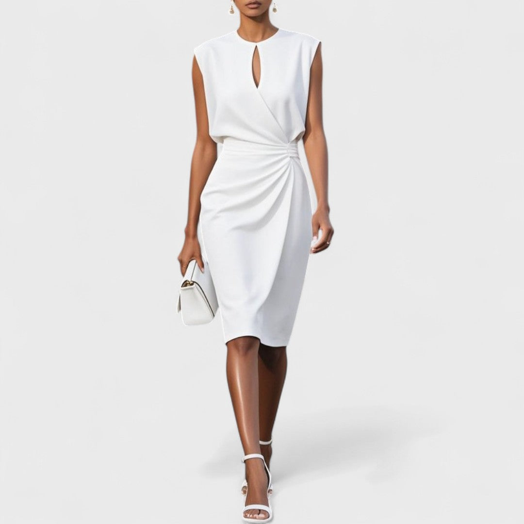 Women's Midi Dress – Elegant Draped Keyhole Neck Cocktail Wedding Guest Dress