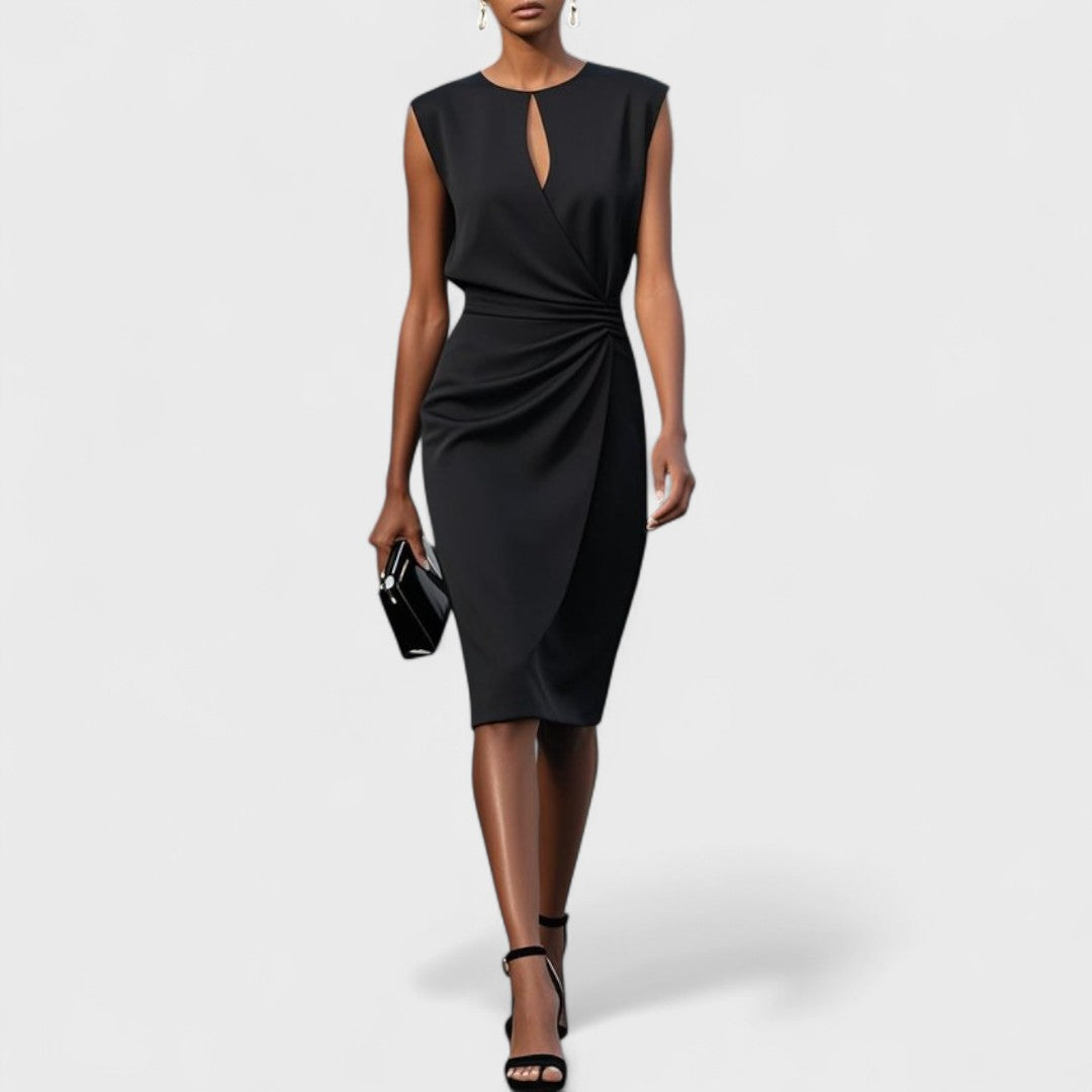 Women's Midi Dress – Elegant Draped Keyhole Neck Cocktail Wedding Guest Dress
